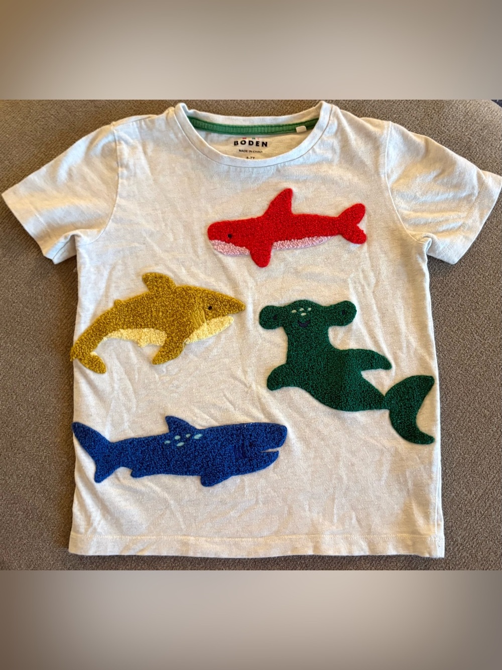 Mini Boden White Tee with Red, Yellow, Green & Blue Shark Appliqués